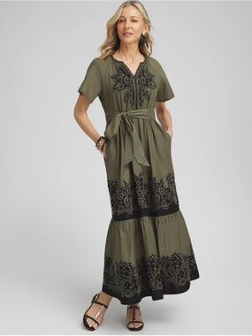 NWT Chico’s Cotton Floral Embroidered Short Multi Tiered Olive Women’s Size 12US